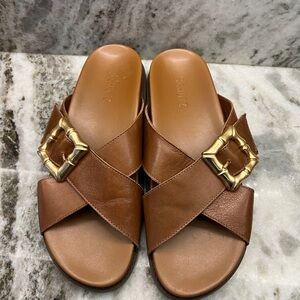 SCHUTZ Enola Crossed Sporty Sandal Brown leather Gold Buckle size 8.5 LIKE NEW